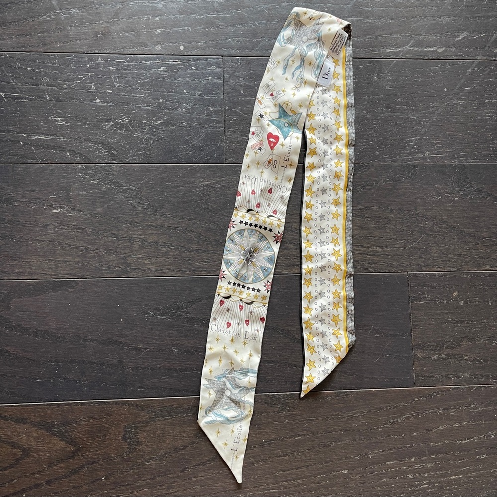 Christian Dior Ribbon Scarf Off White/Multicolor mitzah scarf Silk twilly